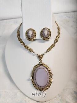 Vtg. West Germany Lavender Glass Cameo AB Rhinestone Pendant Necklace & Earrings