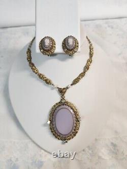 Vtg. West Germany Lavender Glass Cameo AB Rhinestone Pendant Necklace & Earrings