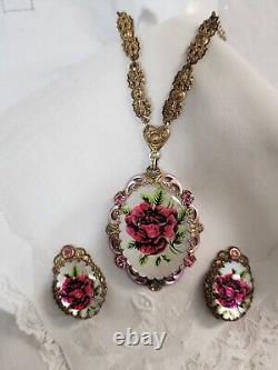 Vtg. West Germany Rose Glass Cameo Pink Rhinestone Pendant Necklace & Earrings