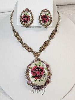 Vtg. West Germany Rose Glass Cameo Pink Rhinestone Pendant Necklace & Earrings