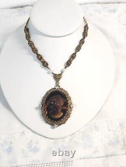 Vtg. West Germany Signed Root Beer Glass & AB Rhinestones Cameo Pendant Necklace