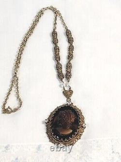 Vtg. West Germany Signed Root Beer Glass & AB Rhinestones Cameo Pendant Necklace
