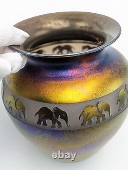 Zellique Studio Cameo Favrile Art Glass Carved Elephants Iridescent Purple Vase