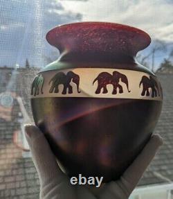 Zellique Studio Cameo Favrile Art Glass Carved Elephants Iridescent Purple Vase