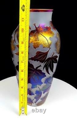 Zellique Studio Phyllis Polito Signed Cameo Art Glass Carved Leaves 12 Vase