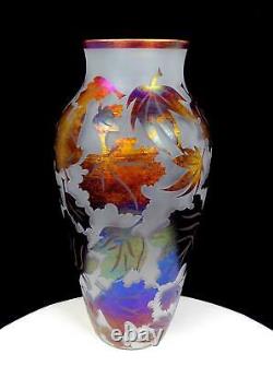 Zellique Studio Phyllis Polito Signed Cameo Art Glass Carved Leaves 12 Vase